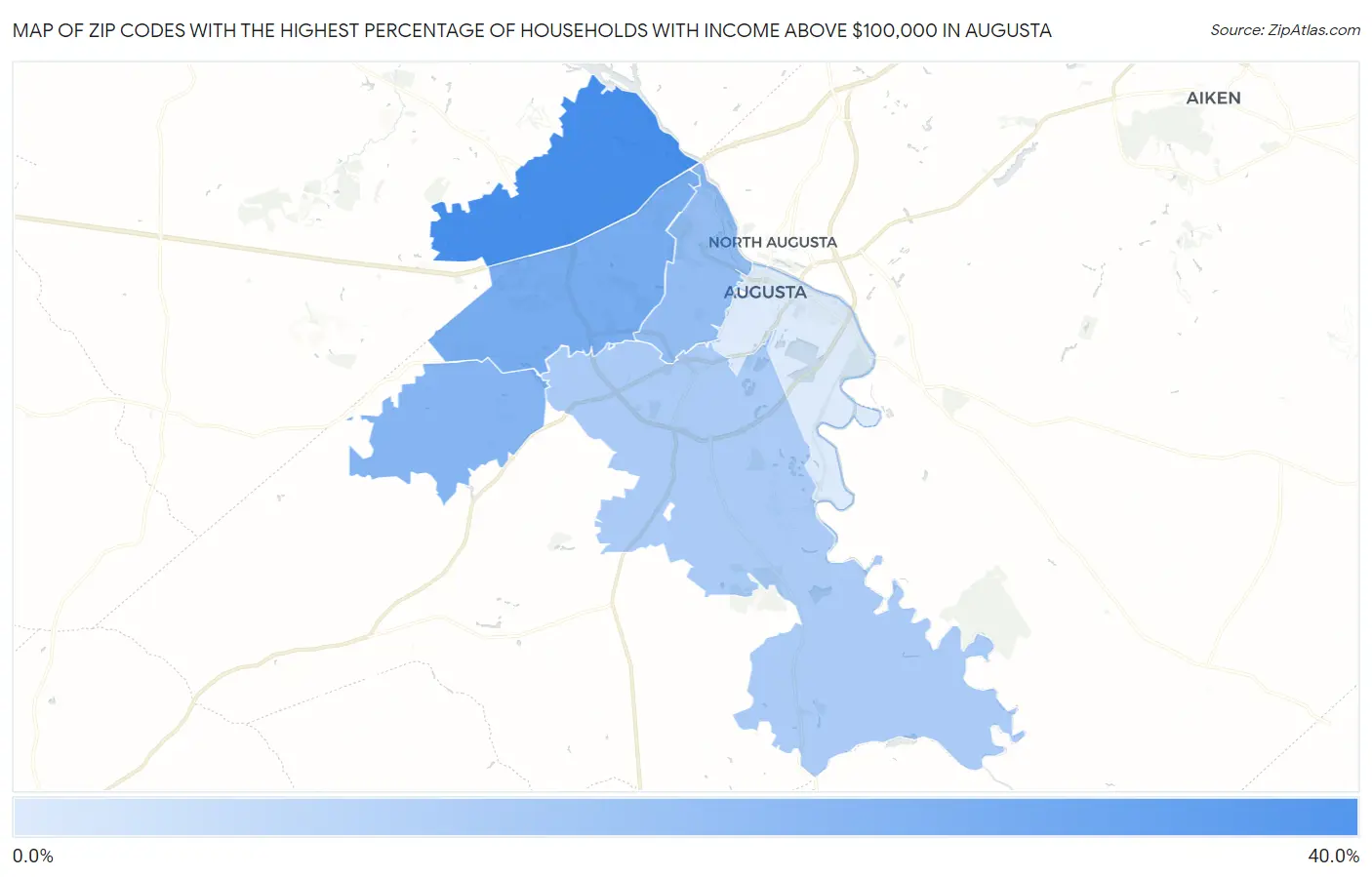 Zip Codes with the Highest Percentage of Households with Income Above $100,000 in Augusta Map