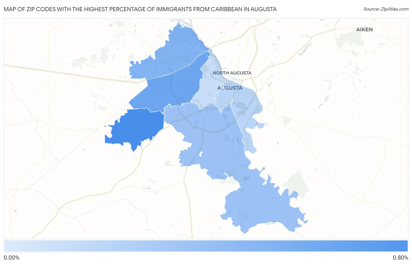 Zip Codes with the Highest Percentage of Immigrants from Caribbean in Augusta Map