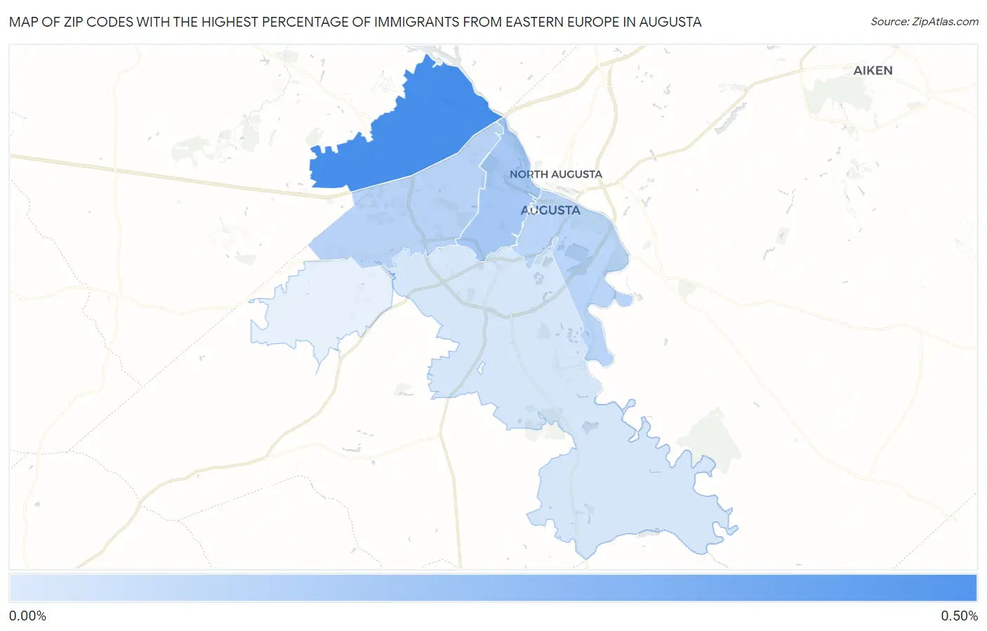 Zip Codes with the Highest Percentage of Immigrants from Eastern Europe in Augusta Map