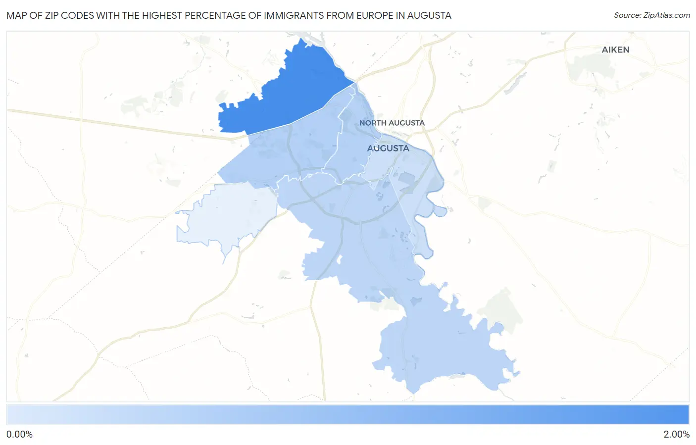 Zip Codes with the Highest Percentage of Immigrants from Europe in Augusta Map