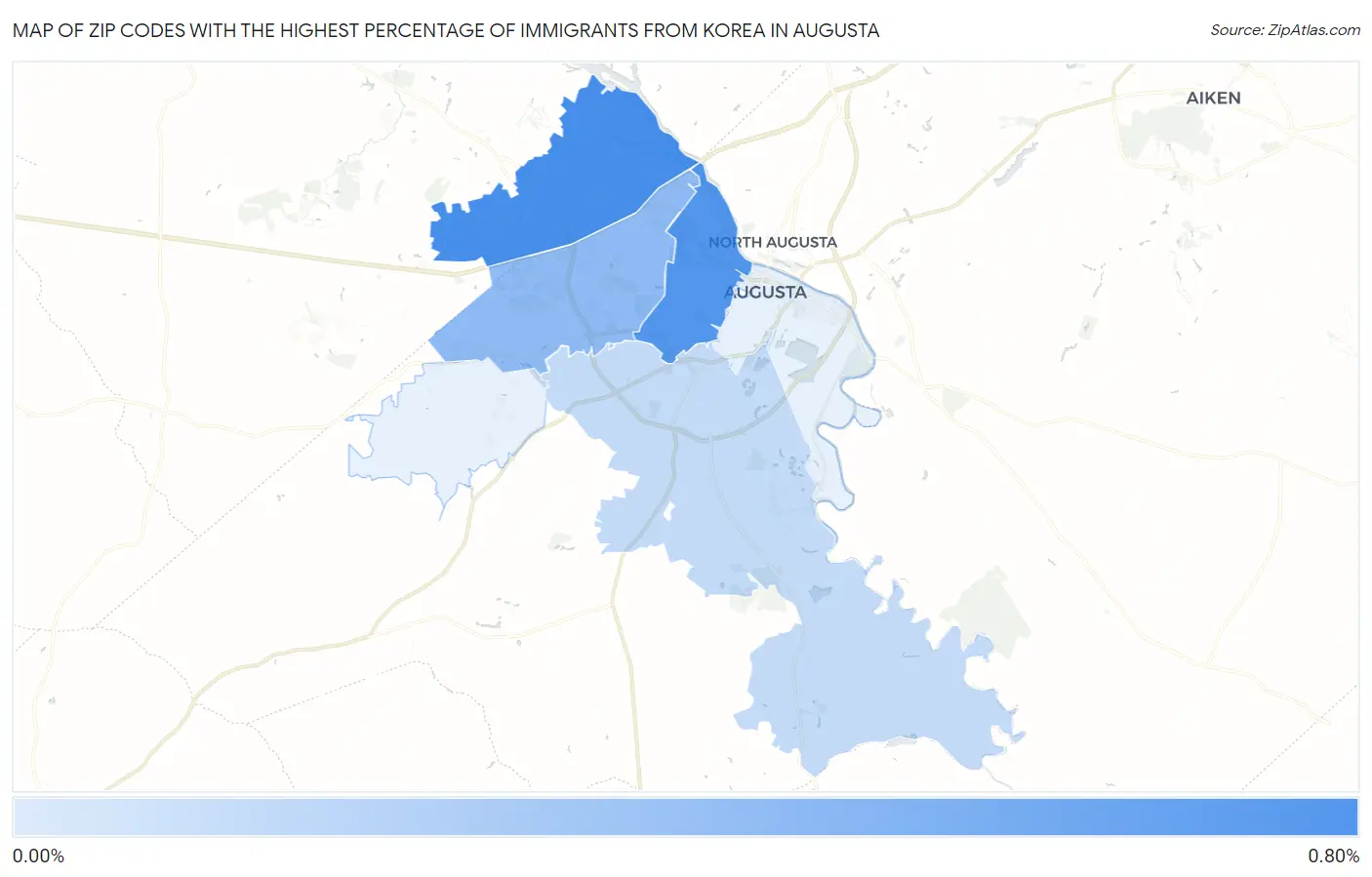 Zip Codes with the Highest Percentage of Immigrants from Korea in Augusta Map