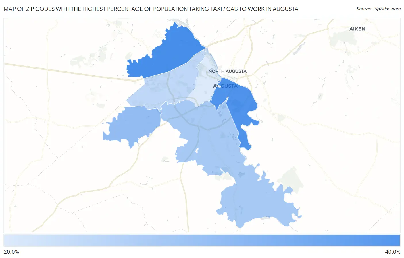 Zip Codes with the Highest Percentage of Population Taking Taxi / Cab to Work in Augusta Map