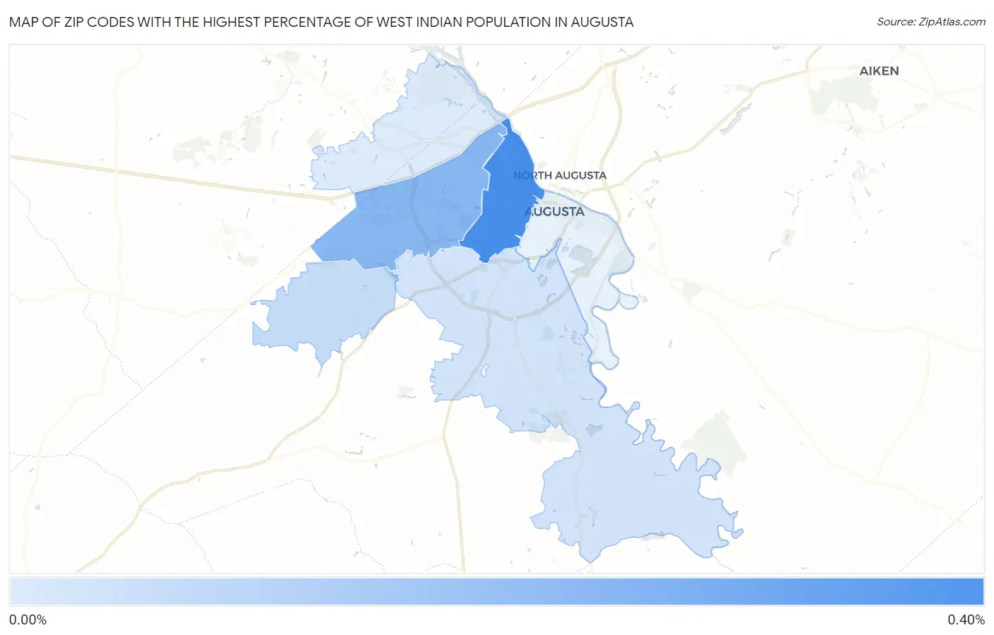 Zip Codes with the Highest Percentage of West Indian Population in Augusta Map