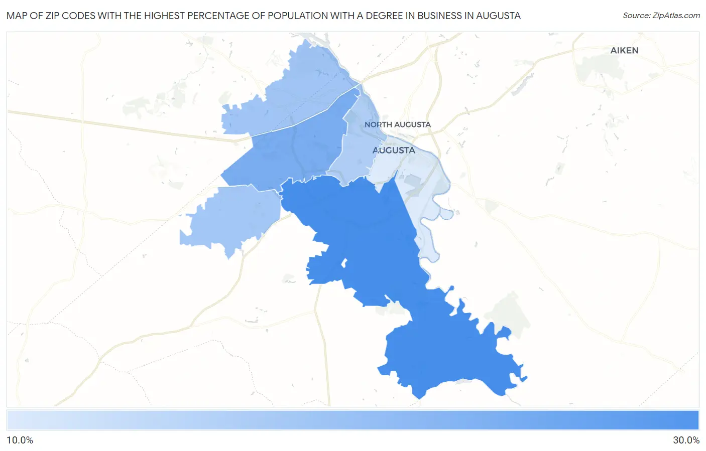 Zip Codes with the Highest Percentage of Population with a Degree in Business in Augusta Map