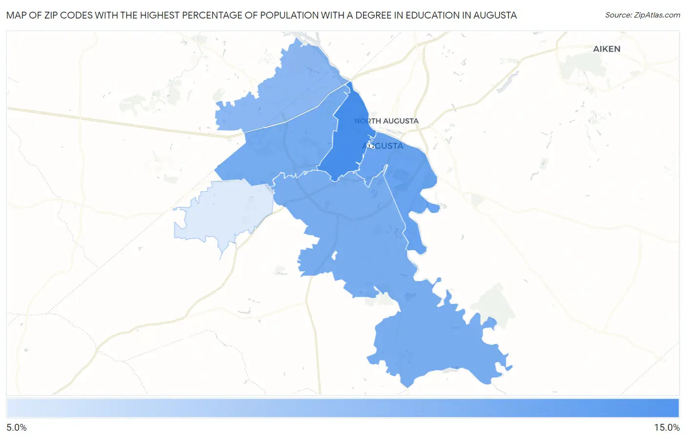Zip Codes with the Highest Percentage of Population with a Degree in Education in Augusta Map