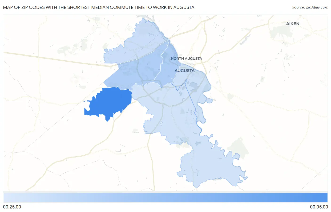 Zip Codes with the Shortest Median Commute Time to Work in Augusta Map