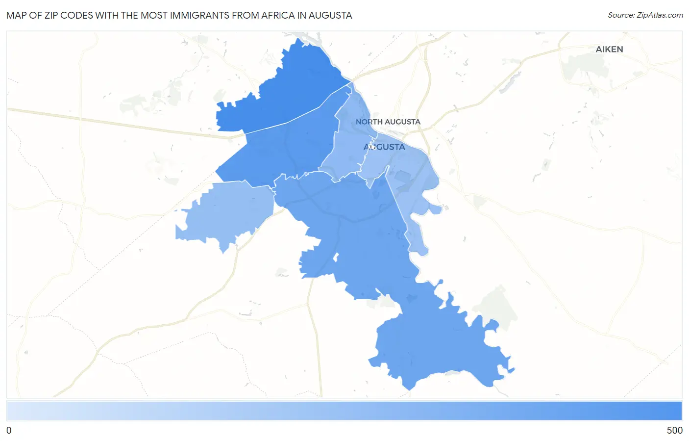 Zip Codes with the Most Immigrants from Africa in Augusta Map