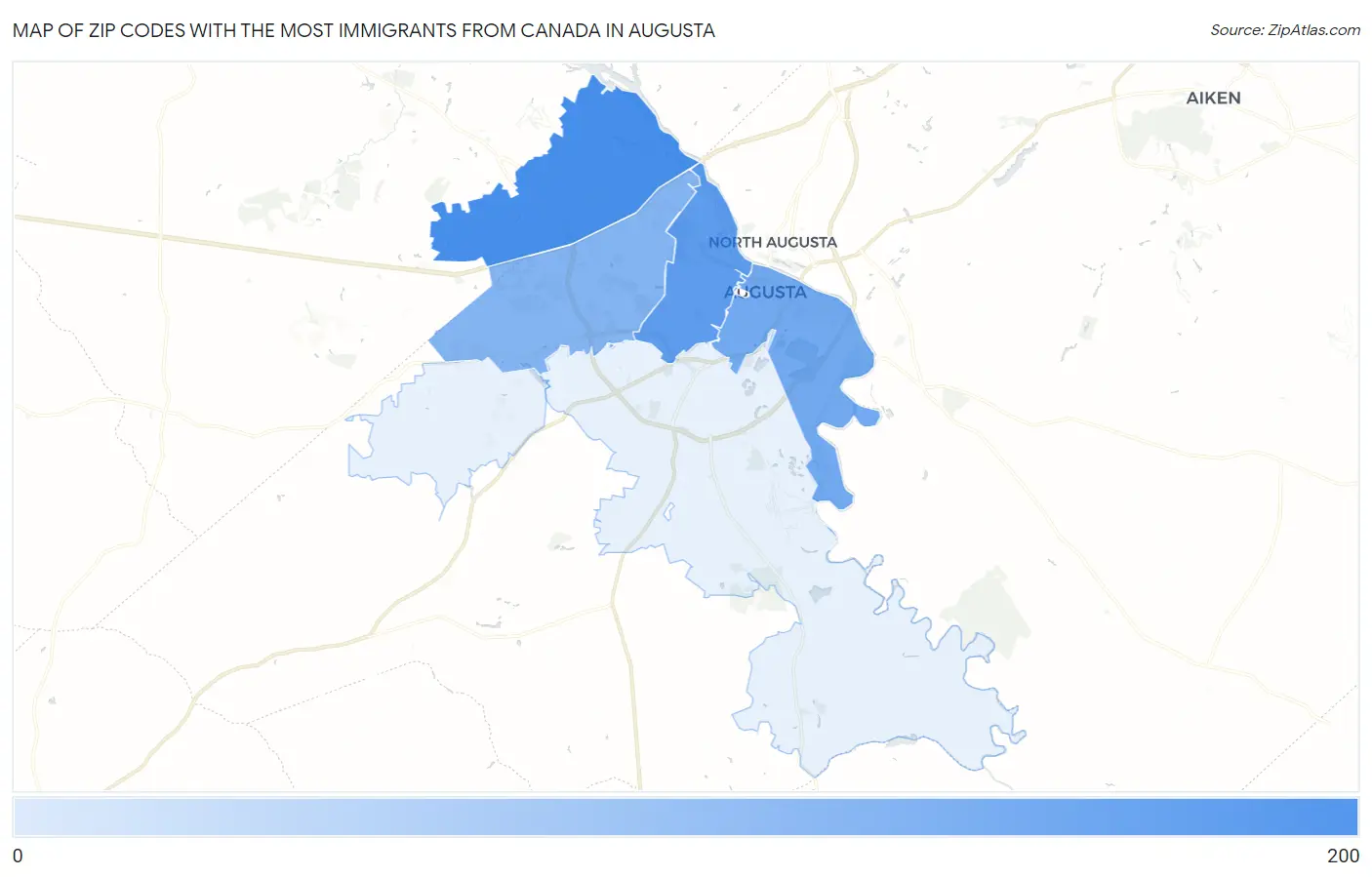 Zip Codes with the Most Immigrants from Canada in Augusta Map