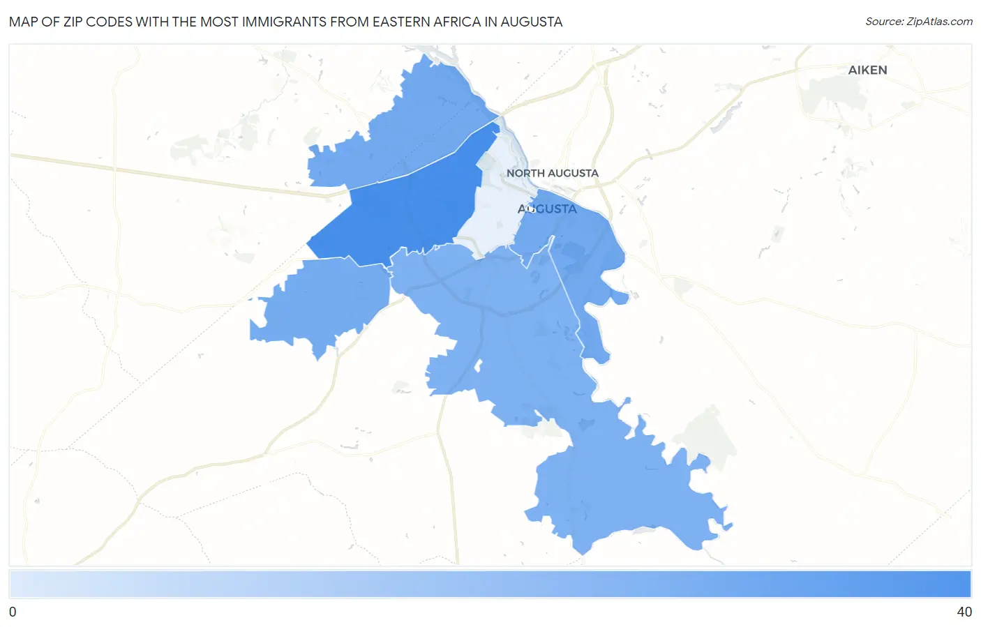 Zip Codes with the Most Immigrants from Eastern Africa in Augusta Map