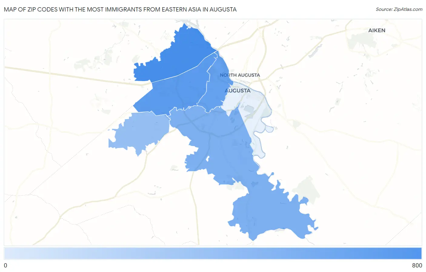Zip Codes with the Most Immigrants from Eastern Asia in Augusta Map