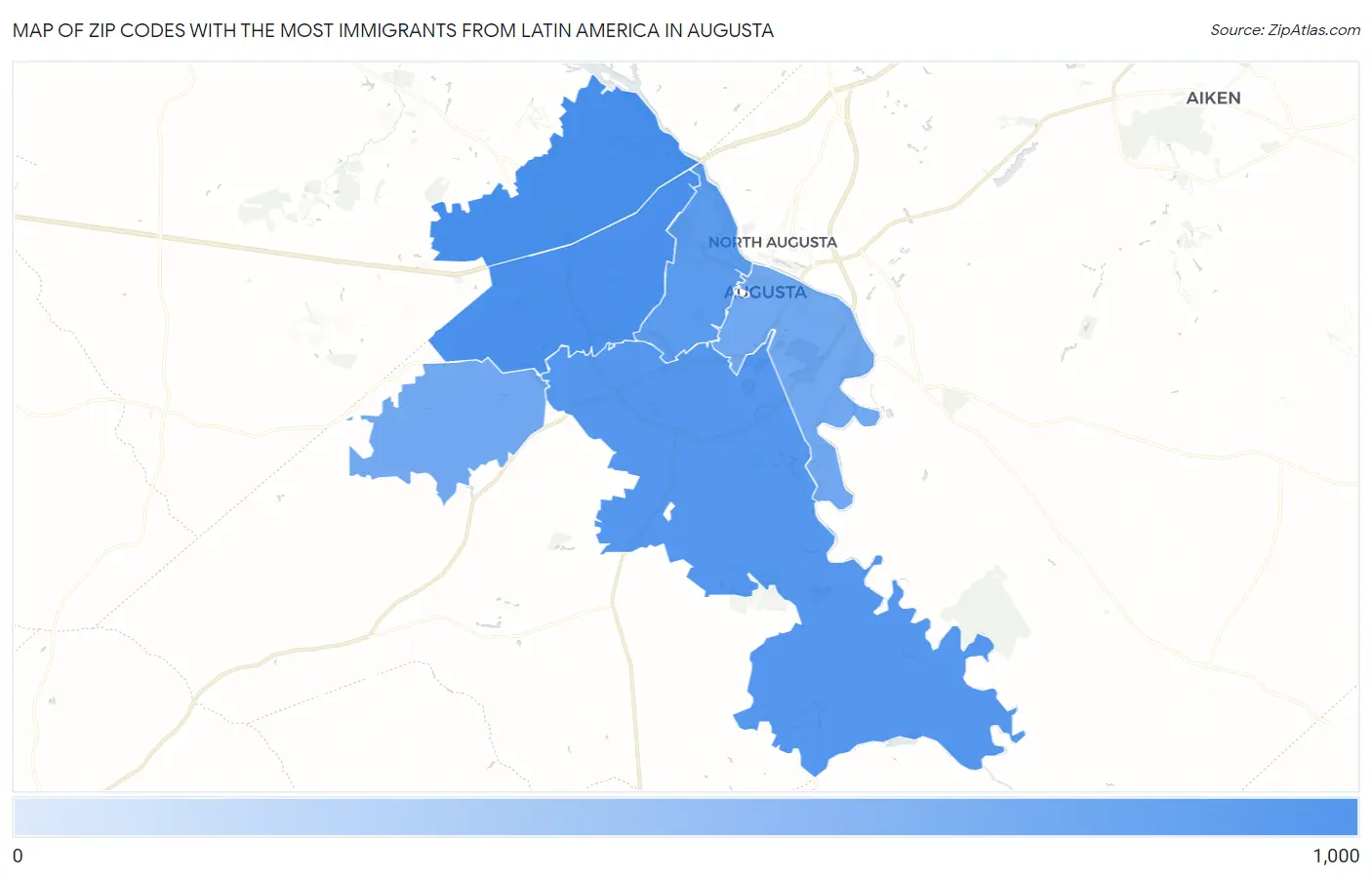 Zip Codes with the Most Immigrants from Latin America in Augusta Map