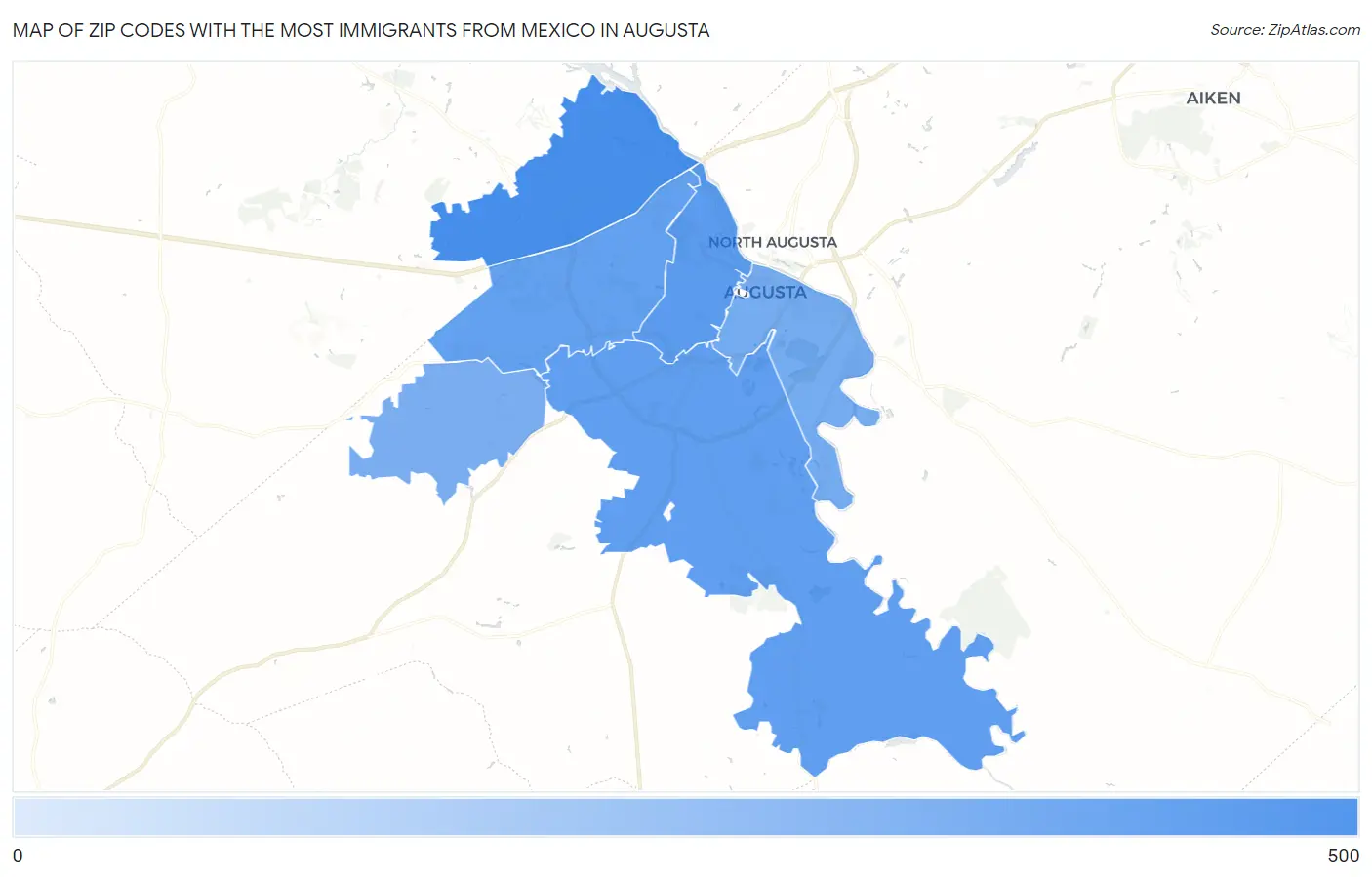 Zip Codes with the Most Immigrants from Mexico in Augusta Map
