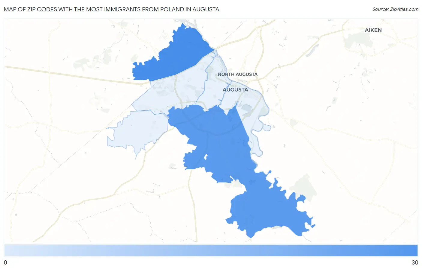 Zip Codes with the Most Immigrants from Poland in Augusta Map