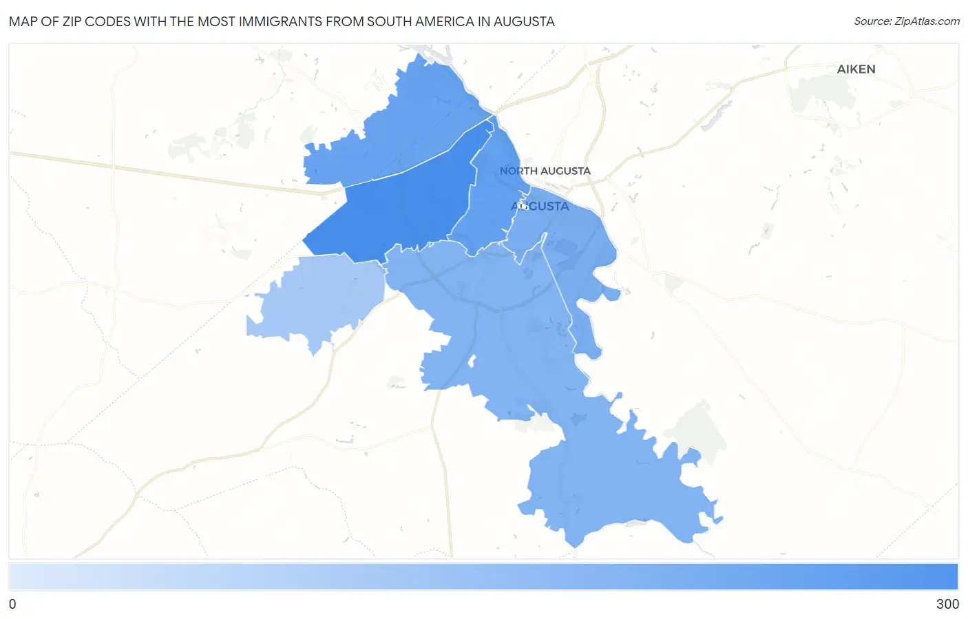 Zip Codes with the Most Immigrants from South America in Augusta Map
