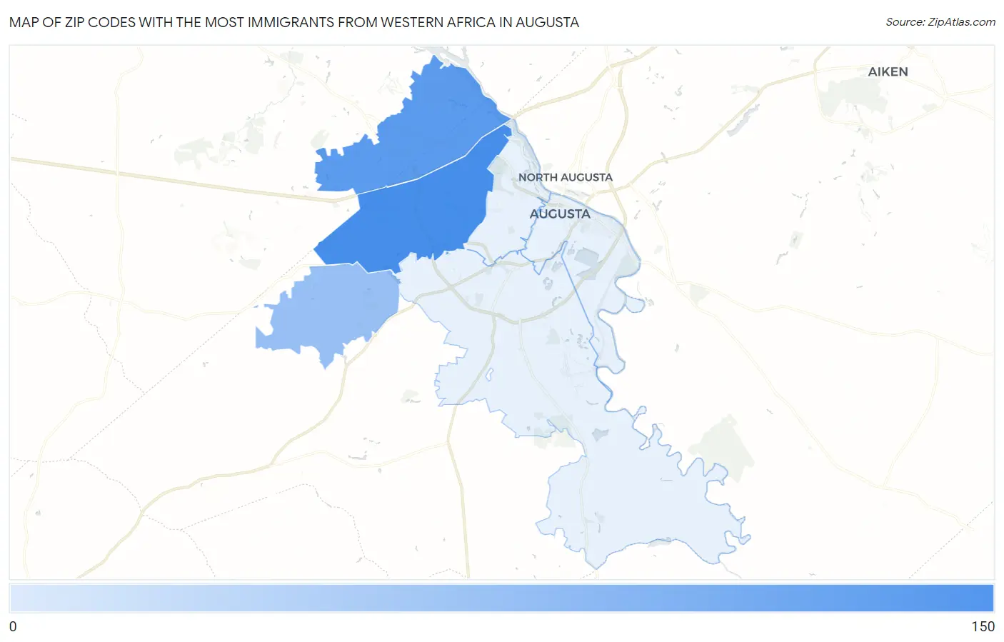 Zip Codes with the Most Immigrants from Western Africa in Augusta Map