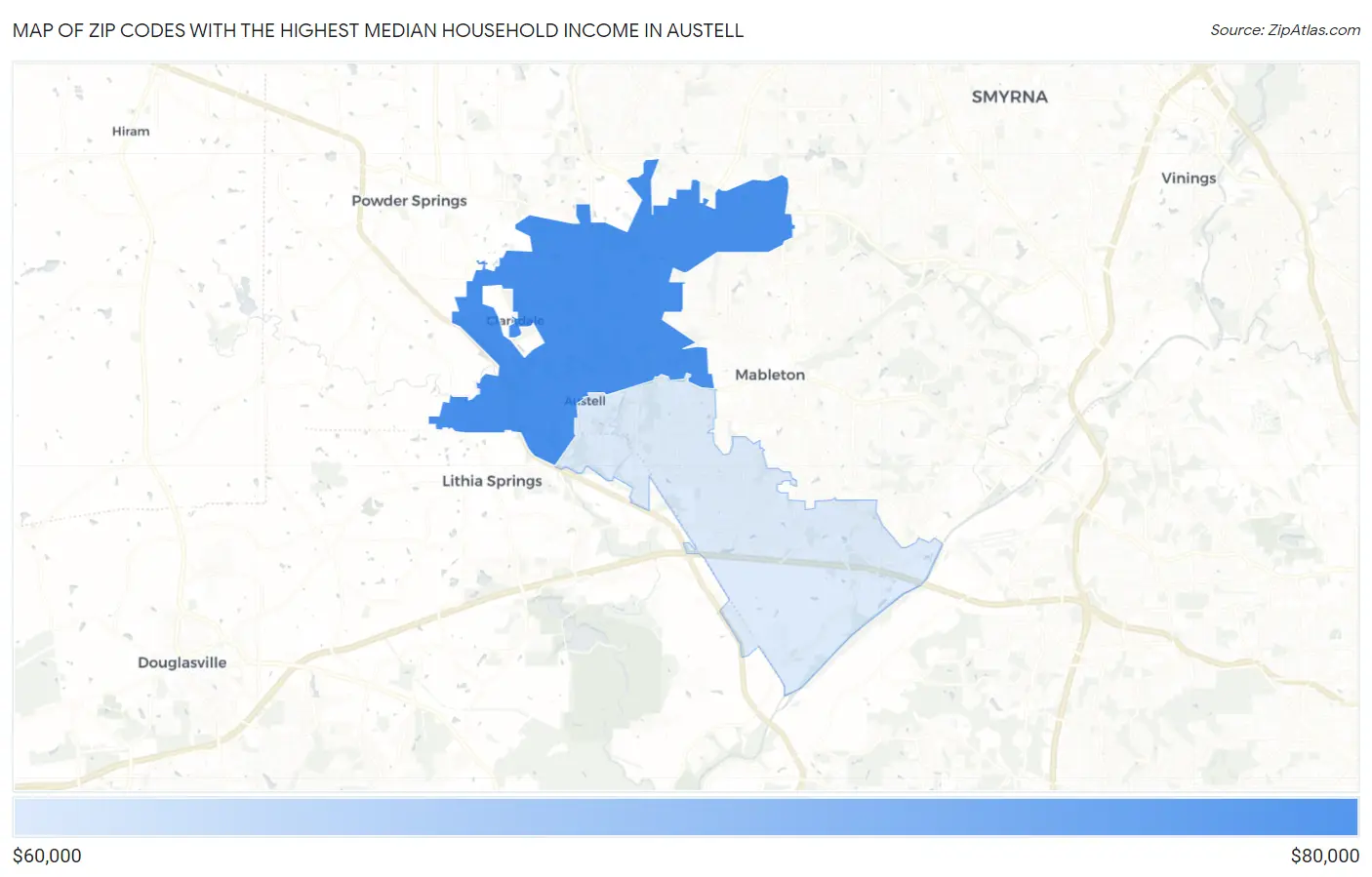Zip Codes with the Highest Median Household Income in Austell Map