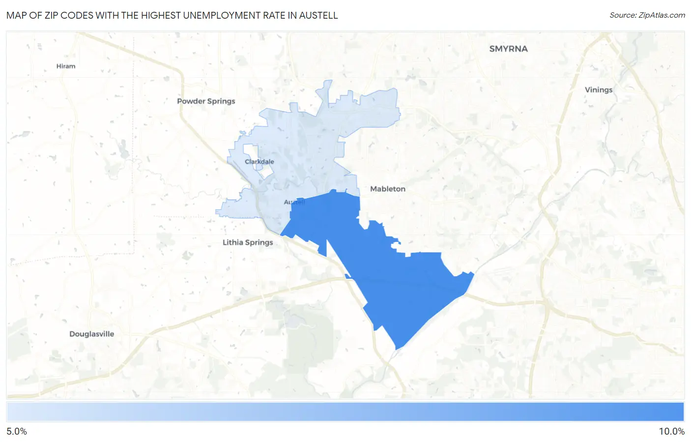 Zip Codes with the Highest Unemployment Rate in Austell Map