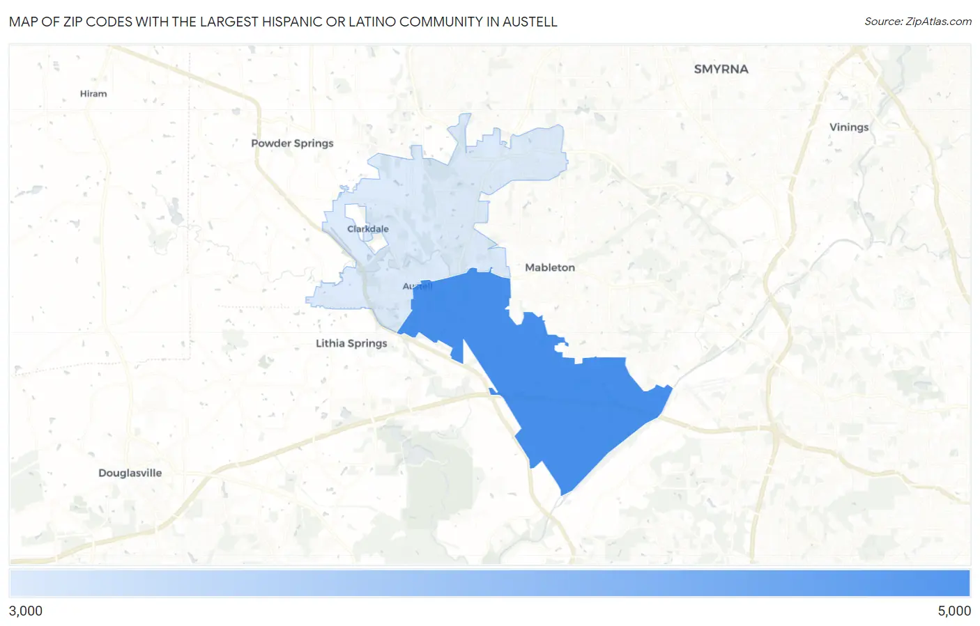 Zip Codes with the Largest Hispanic or Latino Community in Austell Map