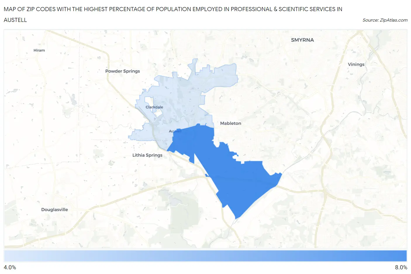 Zip Codes with the Highest Percentage of Population Employed in Professional & Scientific Services in Austell Map