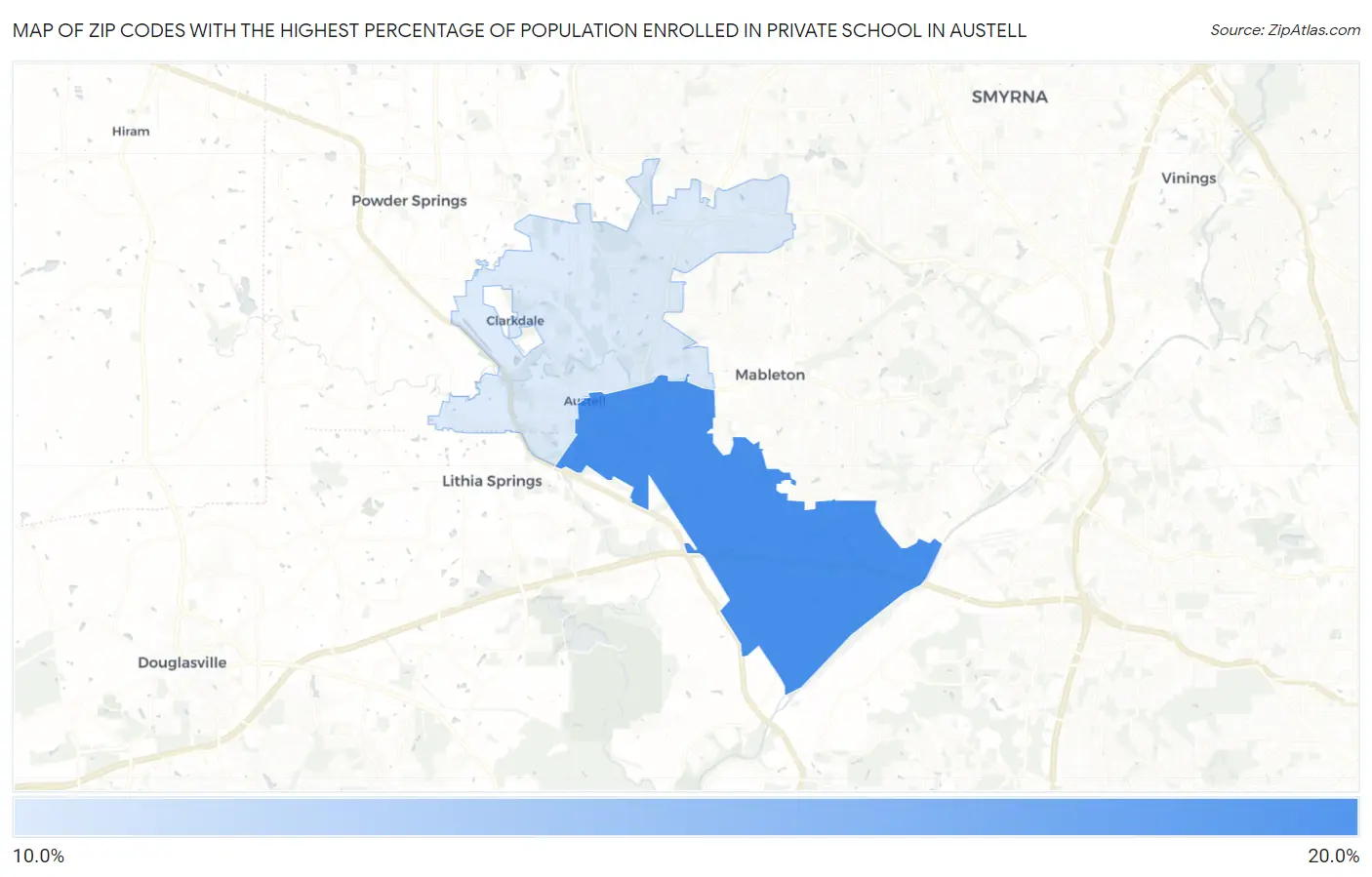 Zip Codes with the Highest Percentage of Population Enrolled in Private School in Austell Map