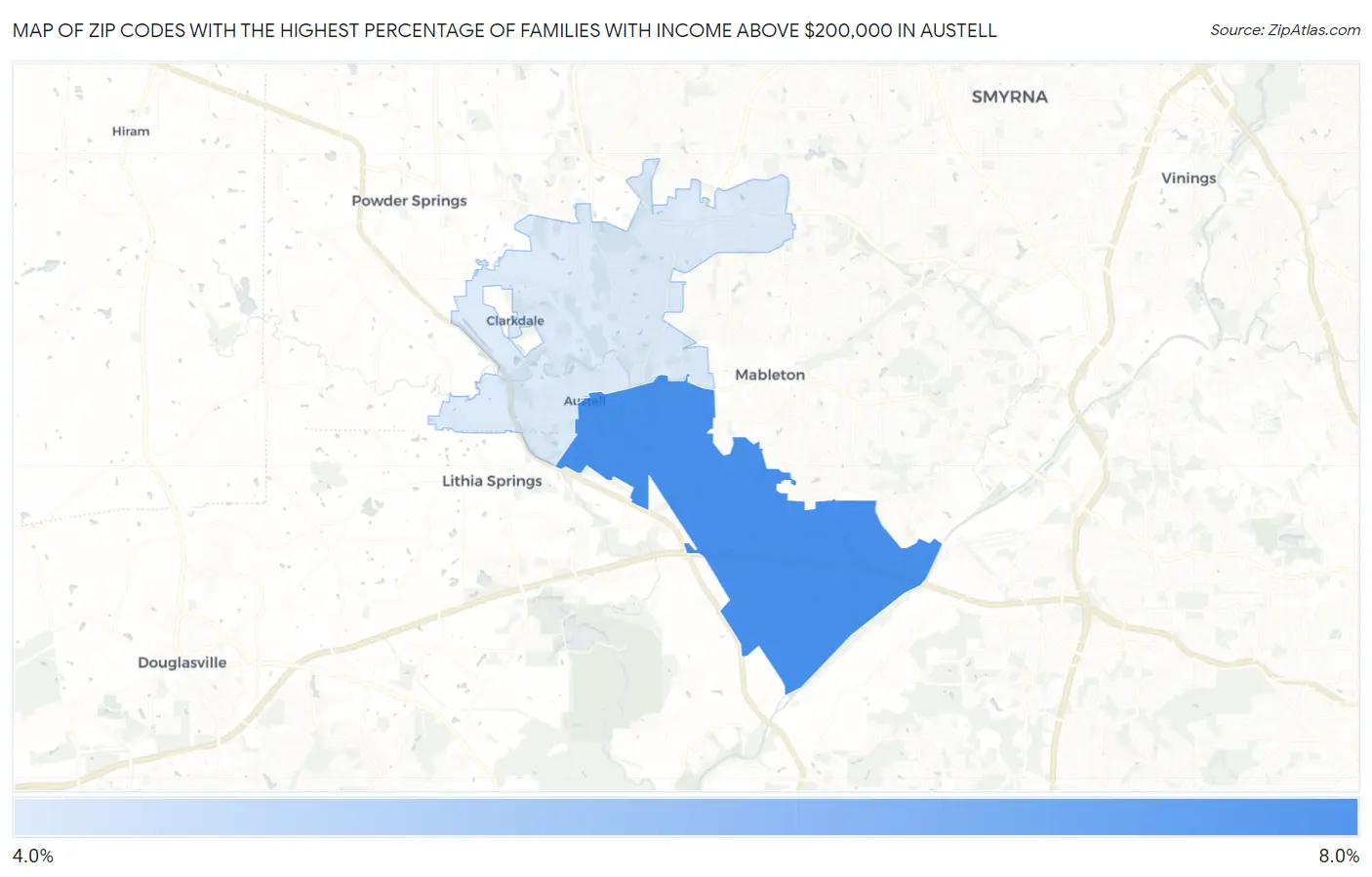 Zip Codes with the Highest Percentage of Families with Income Above $200,000 in Austell Map
