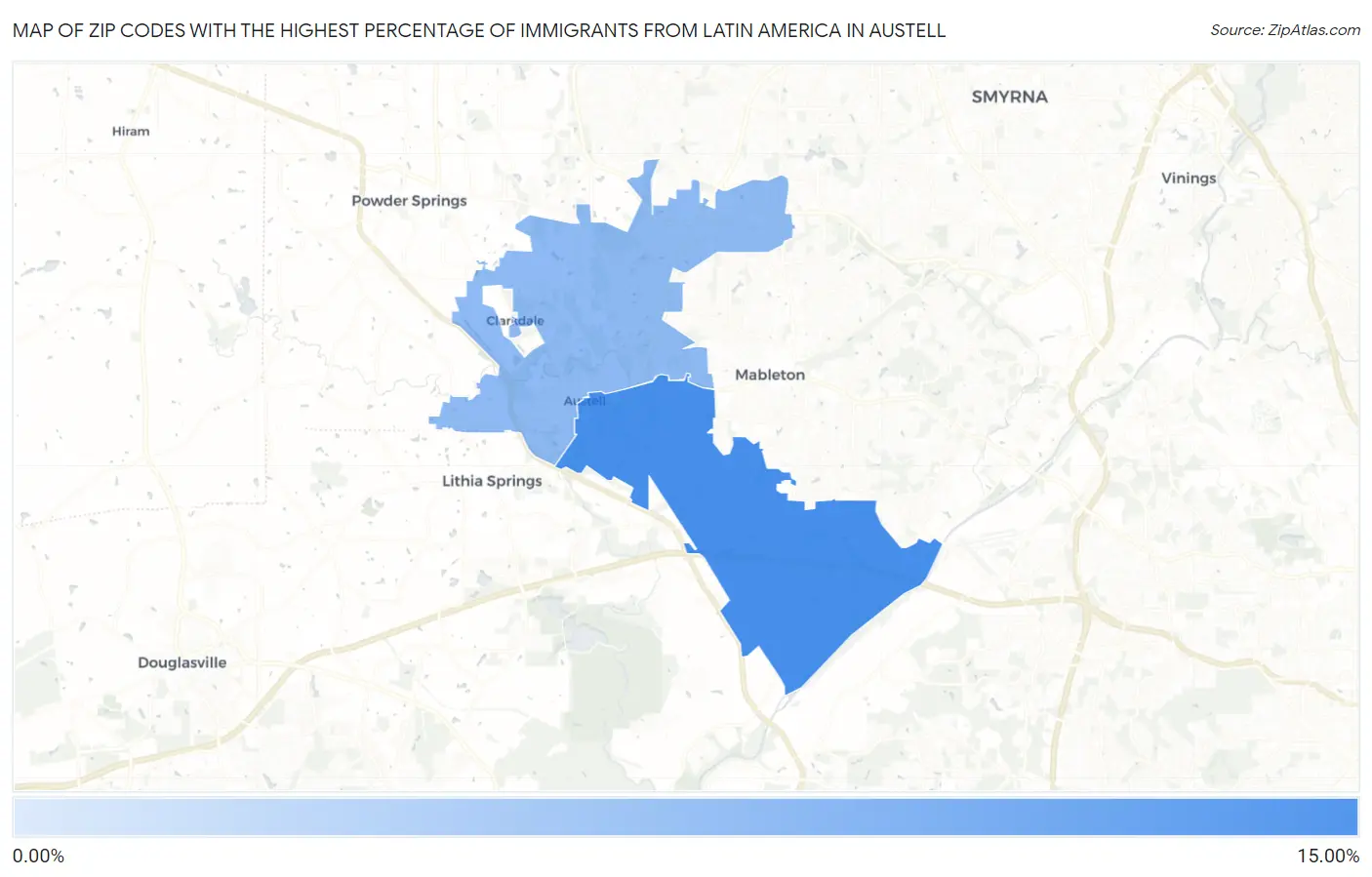 Zip Codes with the Highest Percentage of Immigrants from Latin America in Austell Map