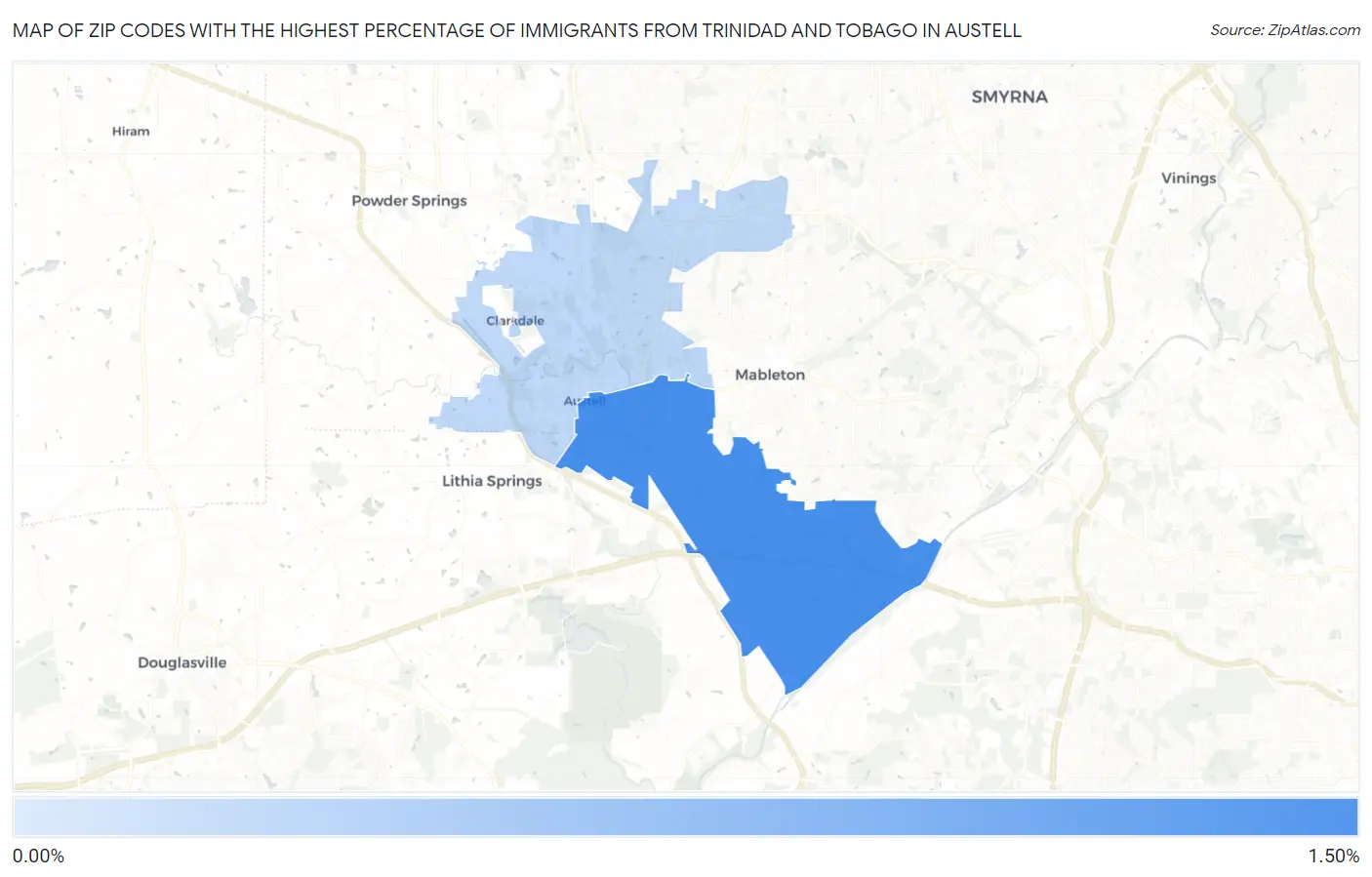 Zip Codes with the Highest Percentage of Immigrants from Trinidad and Tobago in Austell Map