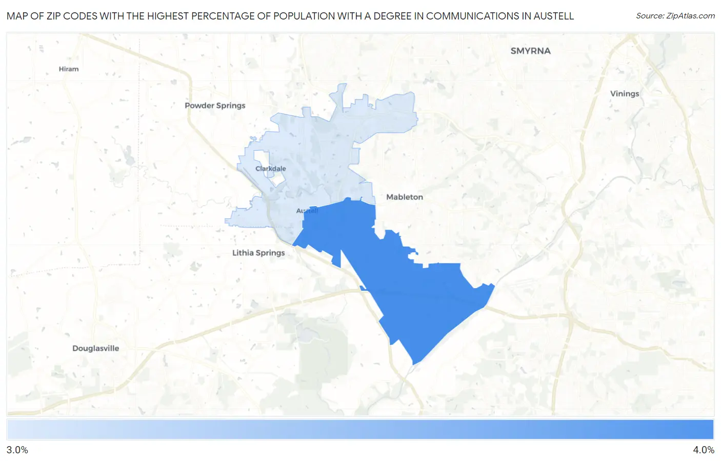 Zip Codes with the Highest Percentage of Population with a Degree in Communications in Austell Map