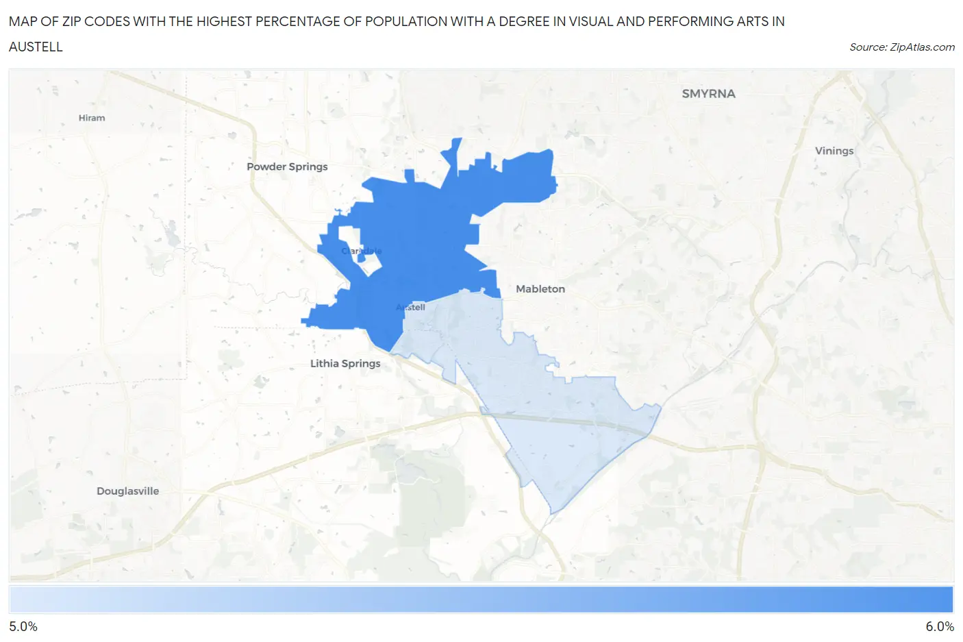 Zip Codes with the Highest Percentage of Population with a Degree in Visual and Performing Arts in Austell Map