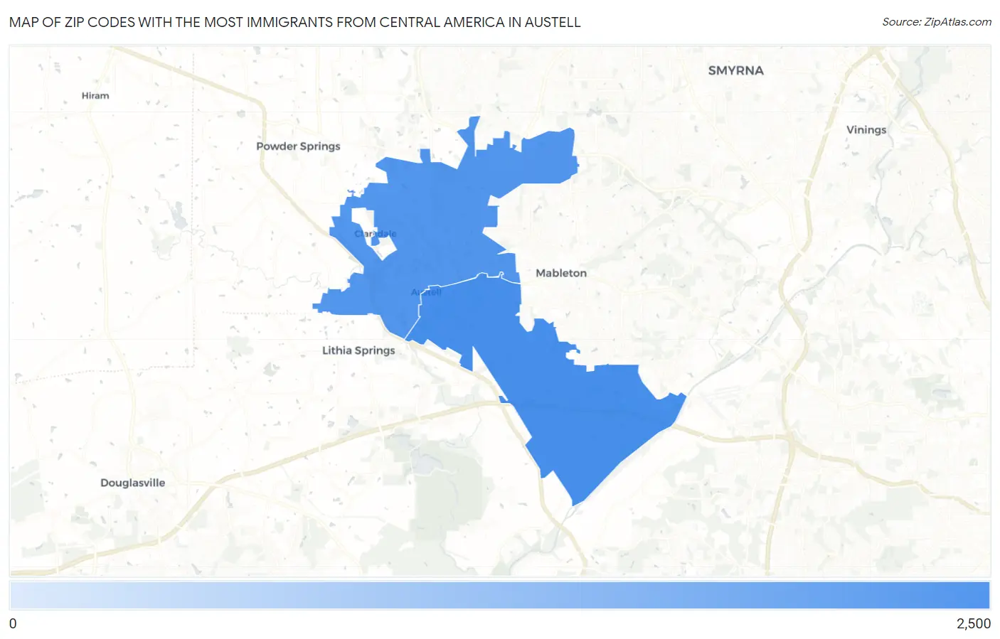 Zip Codes with the Most Immigrants from Central America in Austell Map