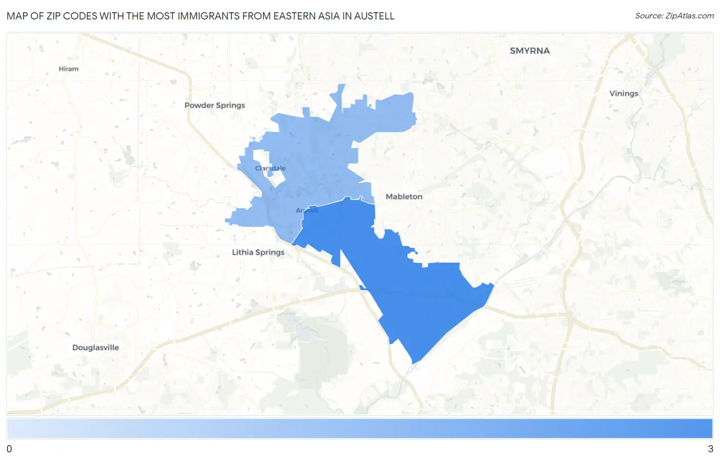 Zip Codes with the Most Immigrants from Eastern Asia in Austell Map