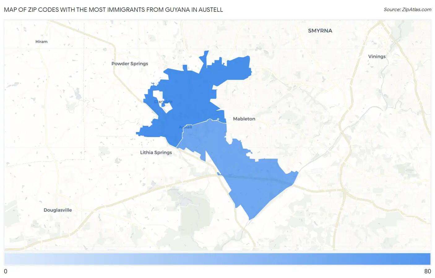 Zip Codes with the Most Immigrants from Guyana in Austell Map