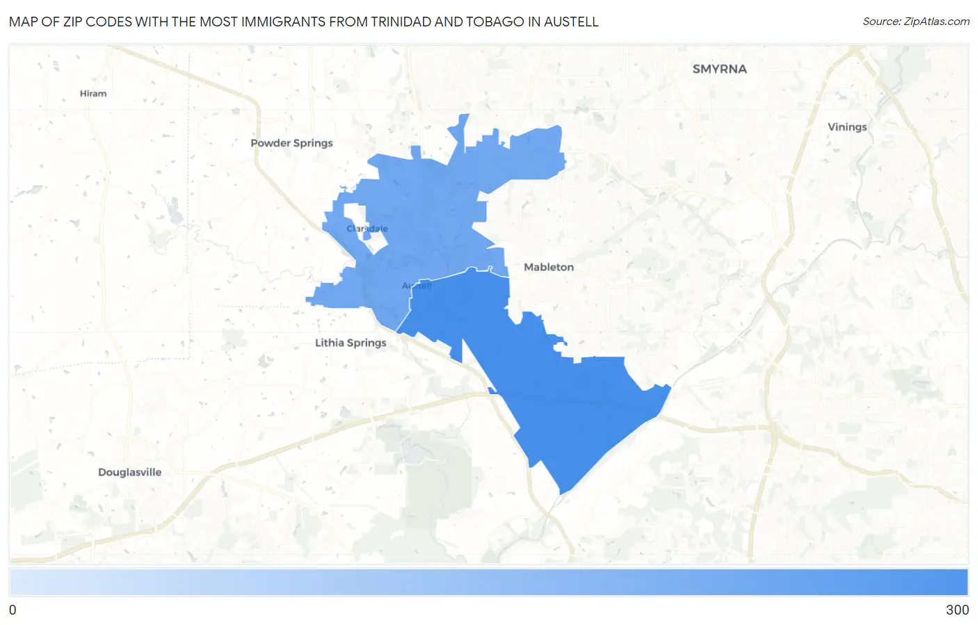 Zip Codes with the Most Immigrants from Trinidad and Tobago in Austell Map