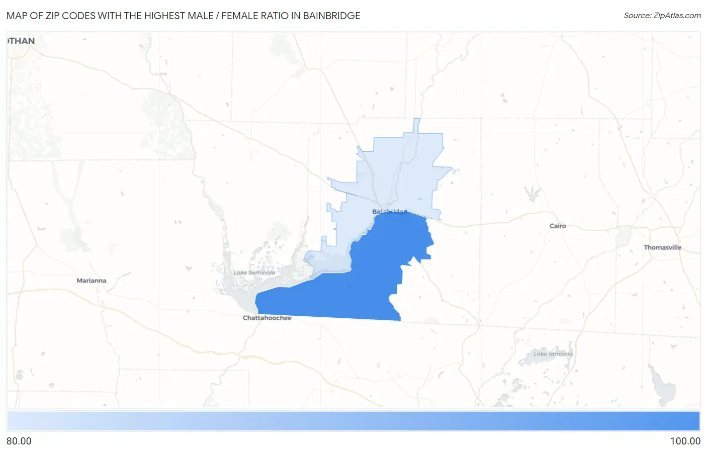 Zip Codes with the Highest Male / Female Ratio in Bainbridge Map