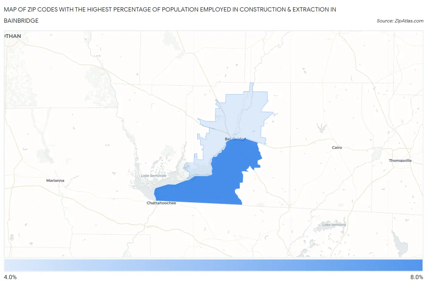 Zip Codes with the Highest Percentage of Population Employed in Construction & Extraction in Bainbridge Map