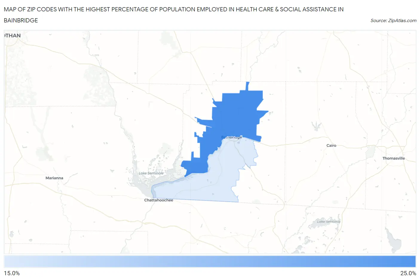 Zip Codes with the Highest Percentage of Population Employed in Health Care & Social Assistance in Bainbridge Map