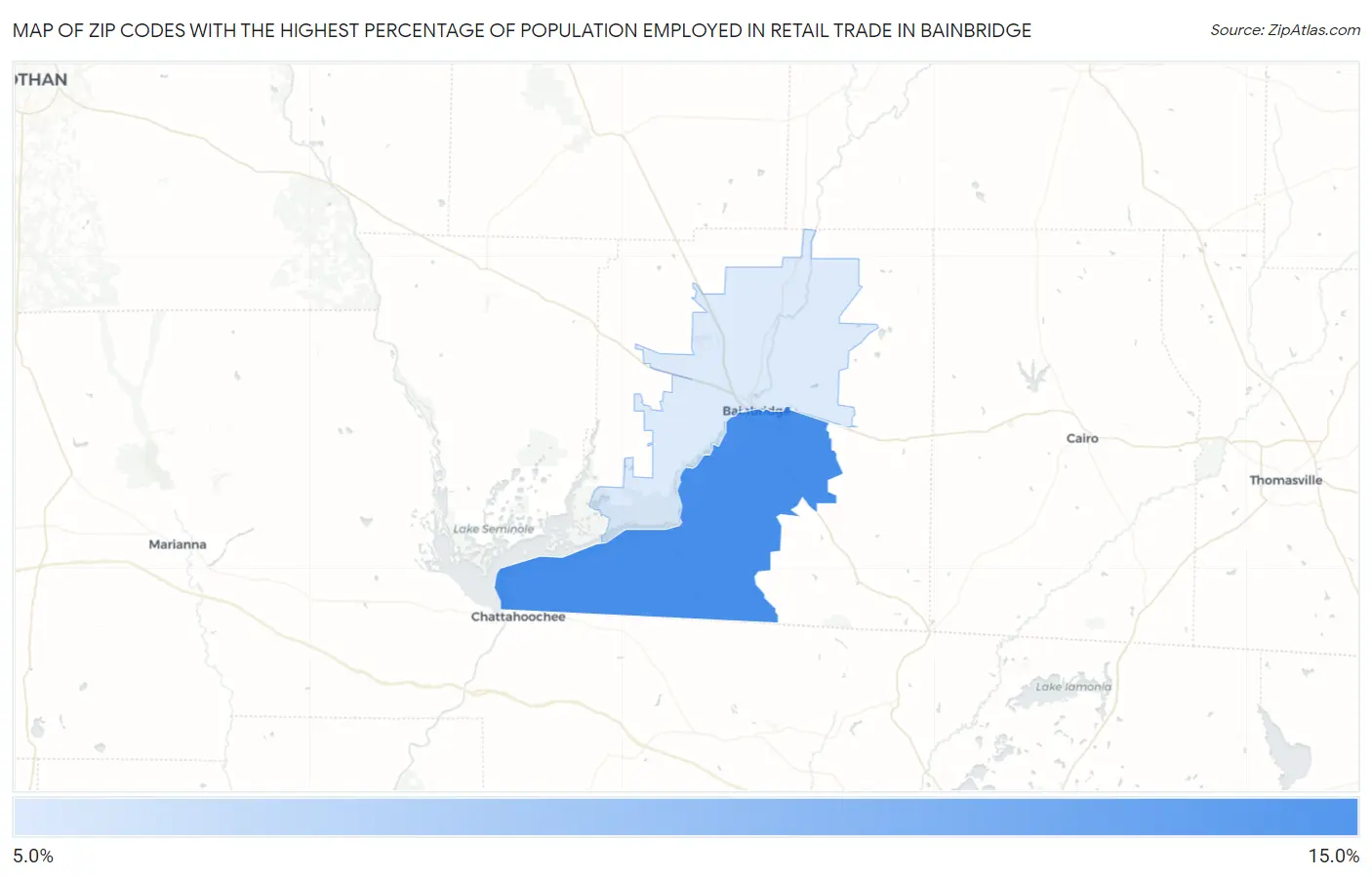 Zip Codes with the Highest Percentage of Population Employed in Retail Trade in Bainbridge Map
