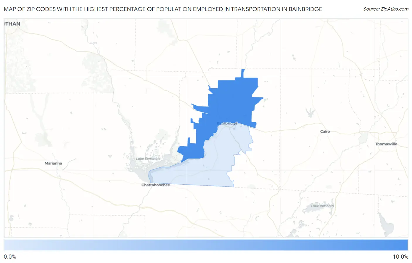 Zip Codes with the Highest Percentage of Population Employed in Transportation in Bainbridge Map