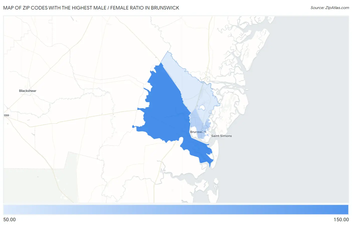 Zip Codes with the Highest Male / Female Ratio in Brunswick Map