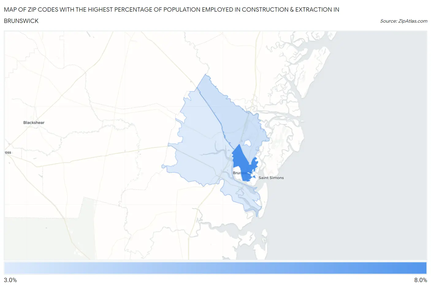 Zip Codes with the Highest Percentage of Population Employed in Construction & Extraction in Brunswick Map