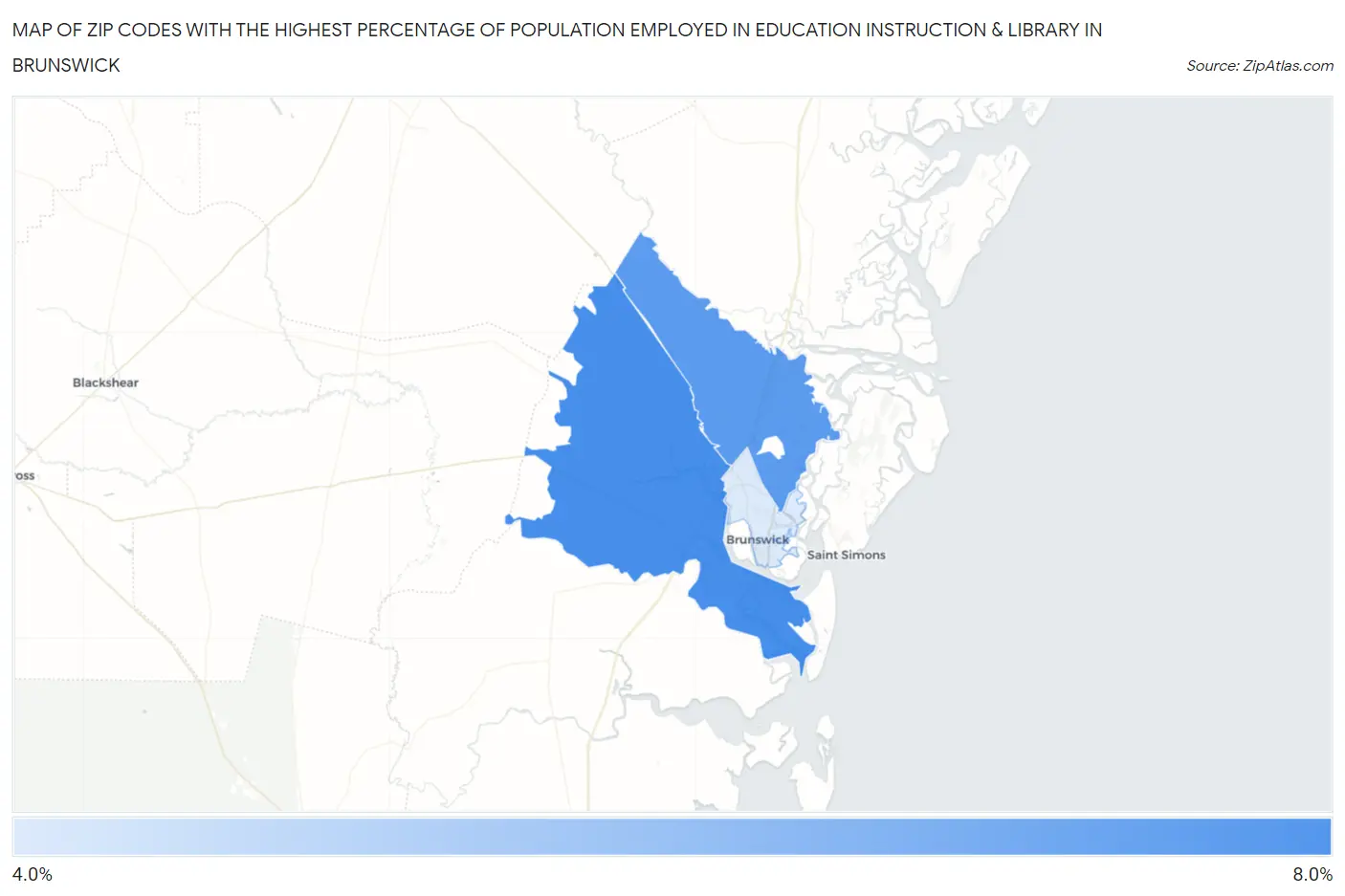 Zip Codes with the Highest Percentage of Population Employed in Education Instruction & Library in Brunswick Map