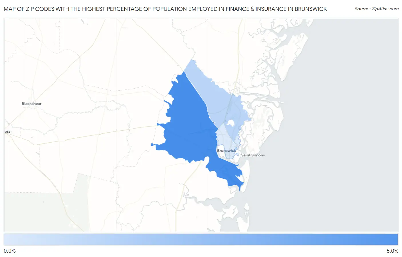 Zip Codes with the Highest Percentage of Population Employed in Finance & Insurance in Brunswick Map