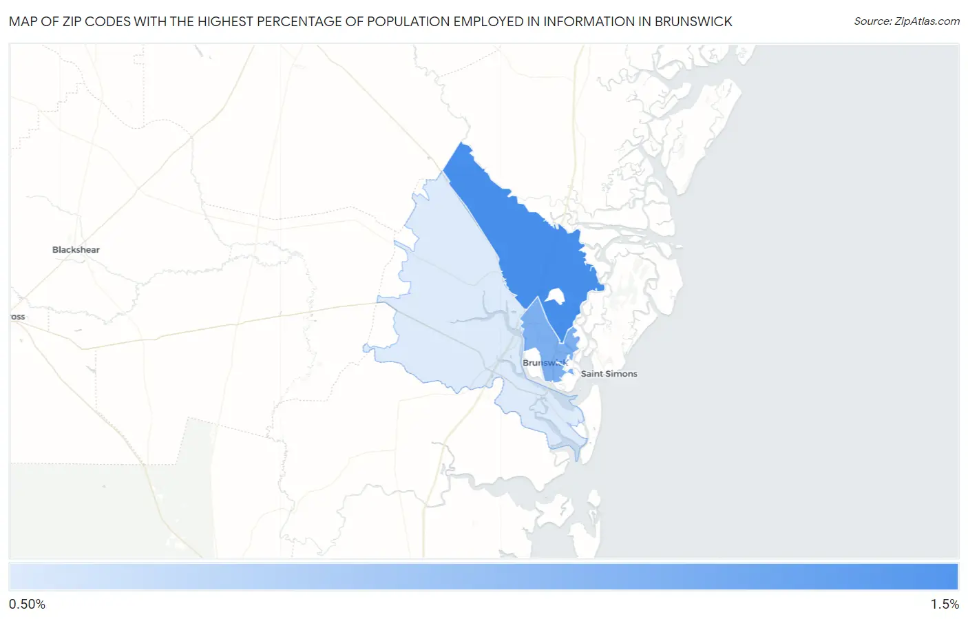 Zip Codes with the Highest Percentage of Population Employed in Information in Brunswick Map