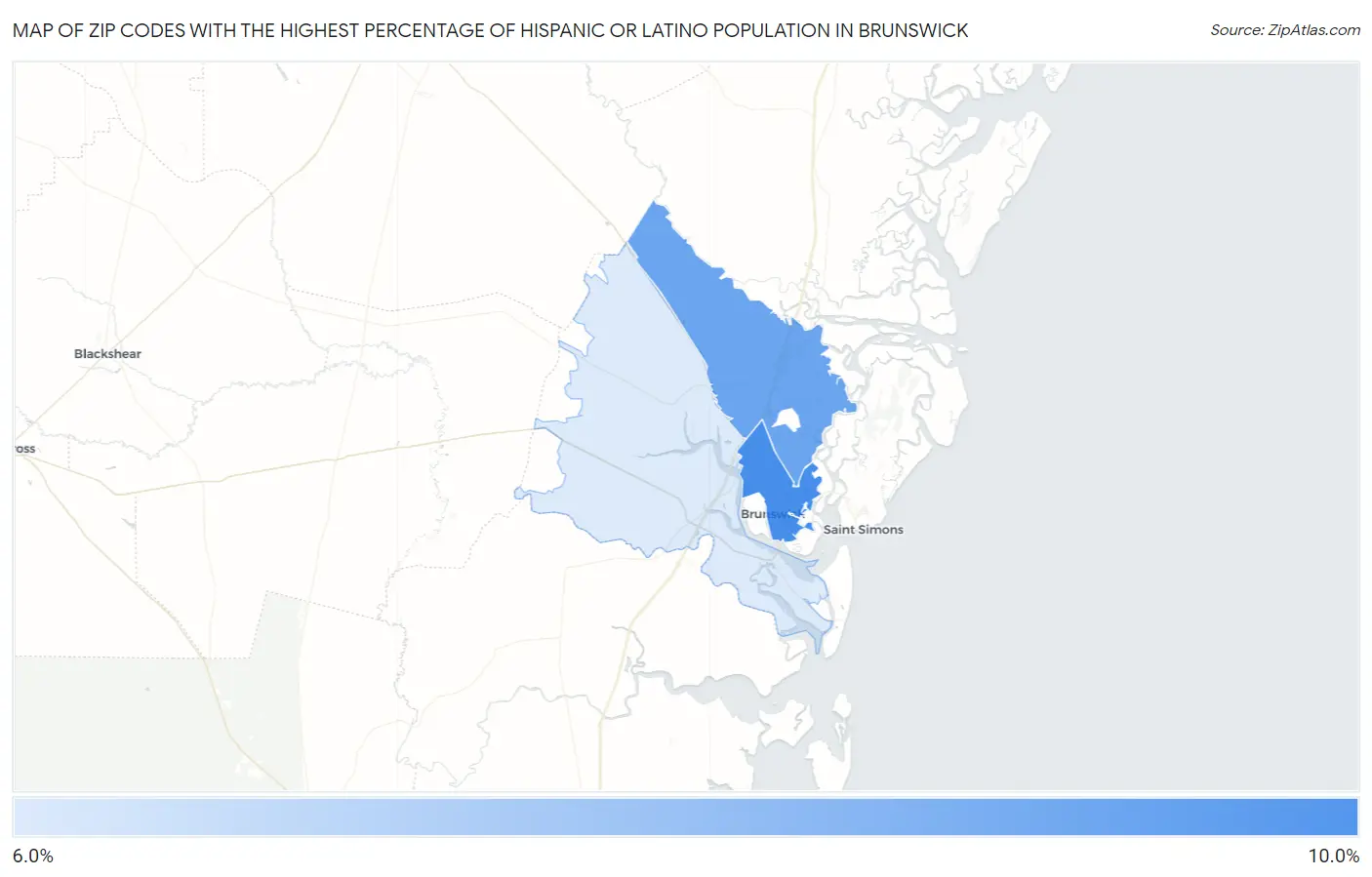 Zip Codes with the Highest Percentage of Hispanic or Latino Population in Brunswick Map