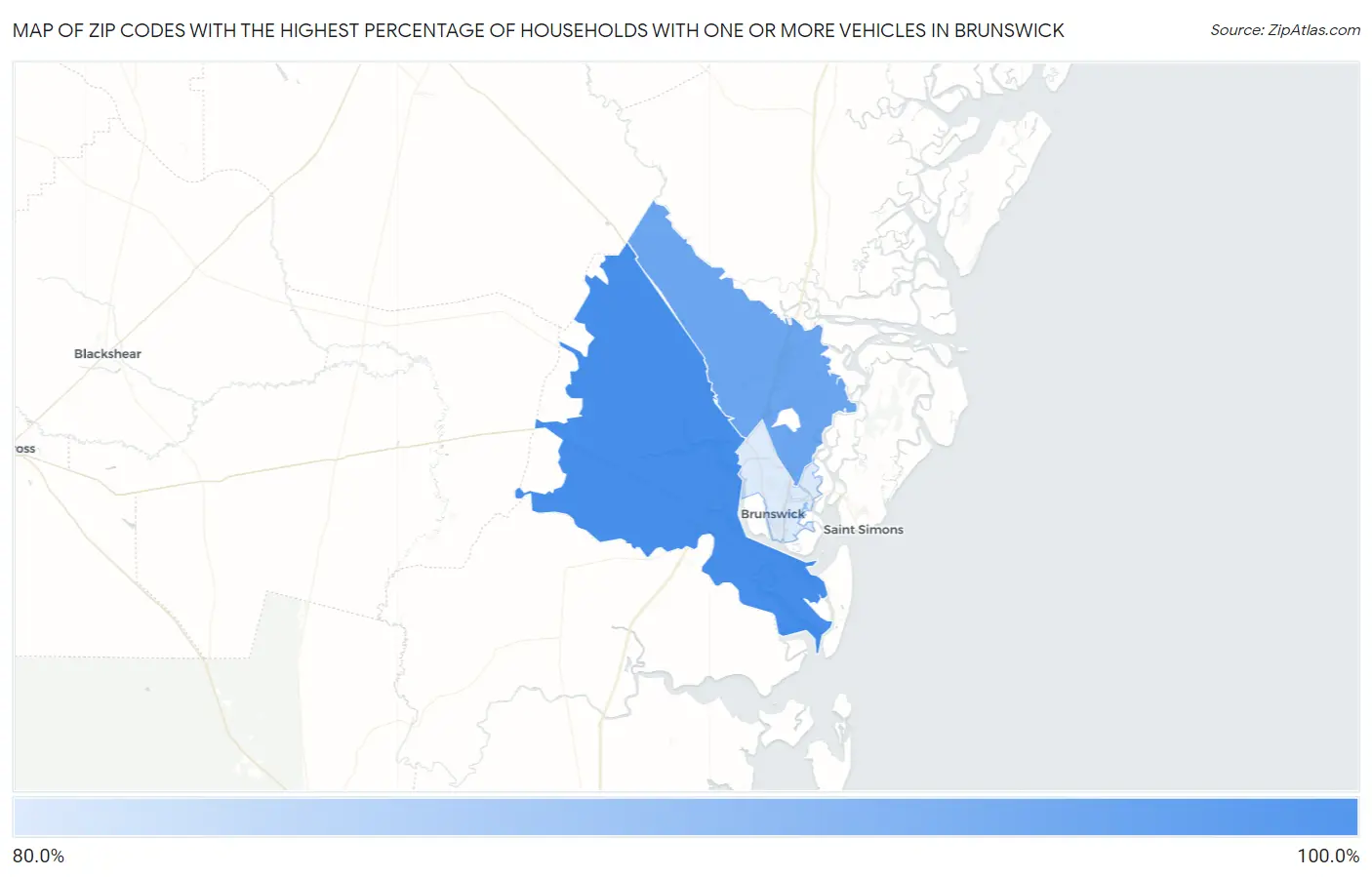 Zip Codes with the Highest Percentage of Households With One or more Vehicles in Brunswick Map
