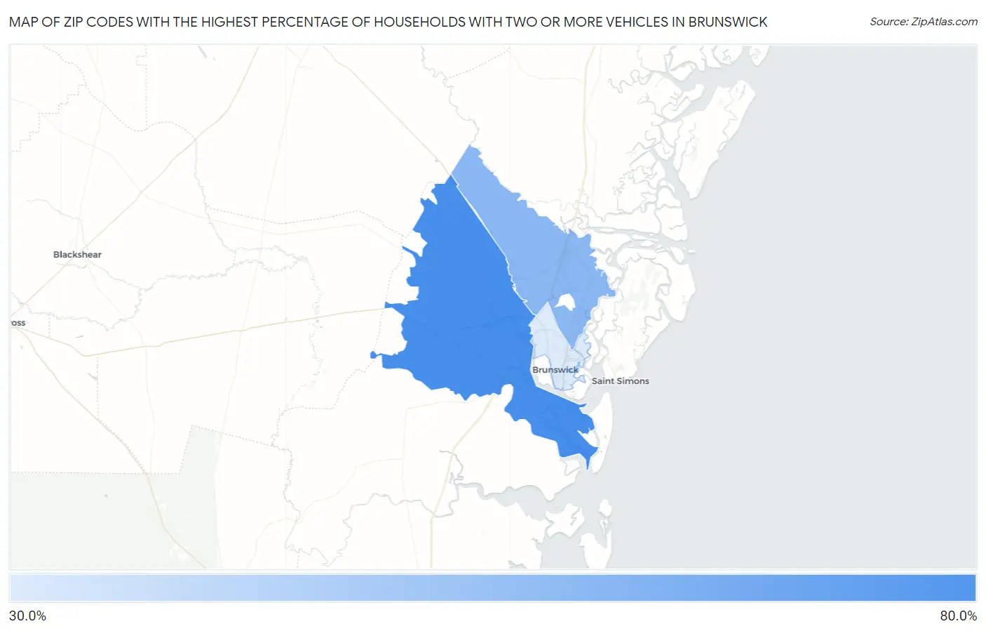 Zip Codes with the Highest Percentage of Households With Two or more Vehicles in Brunswick Map