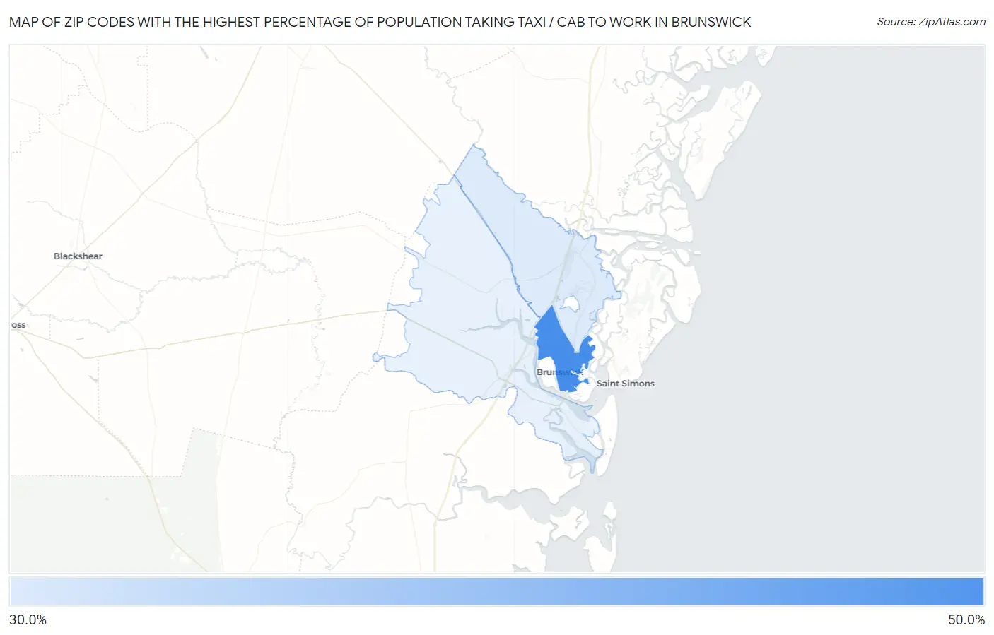 Zip Codes with the Highest Percentage of Population Taking Taxi / Cab to Work in Brunswick Map