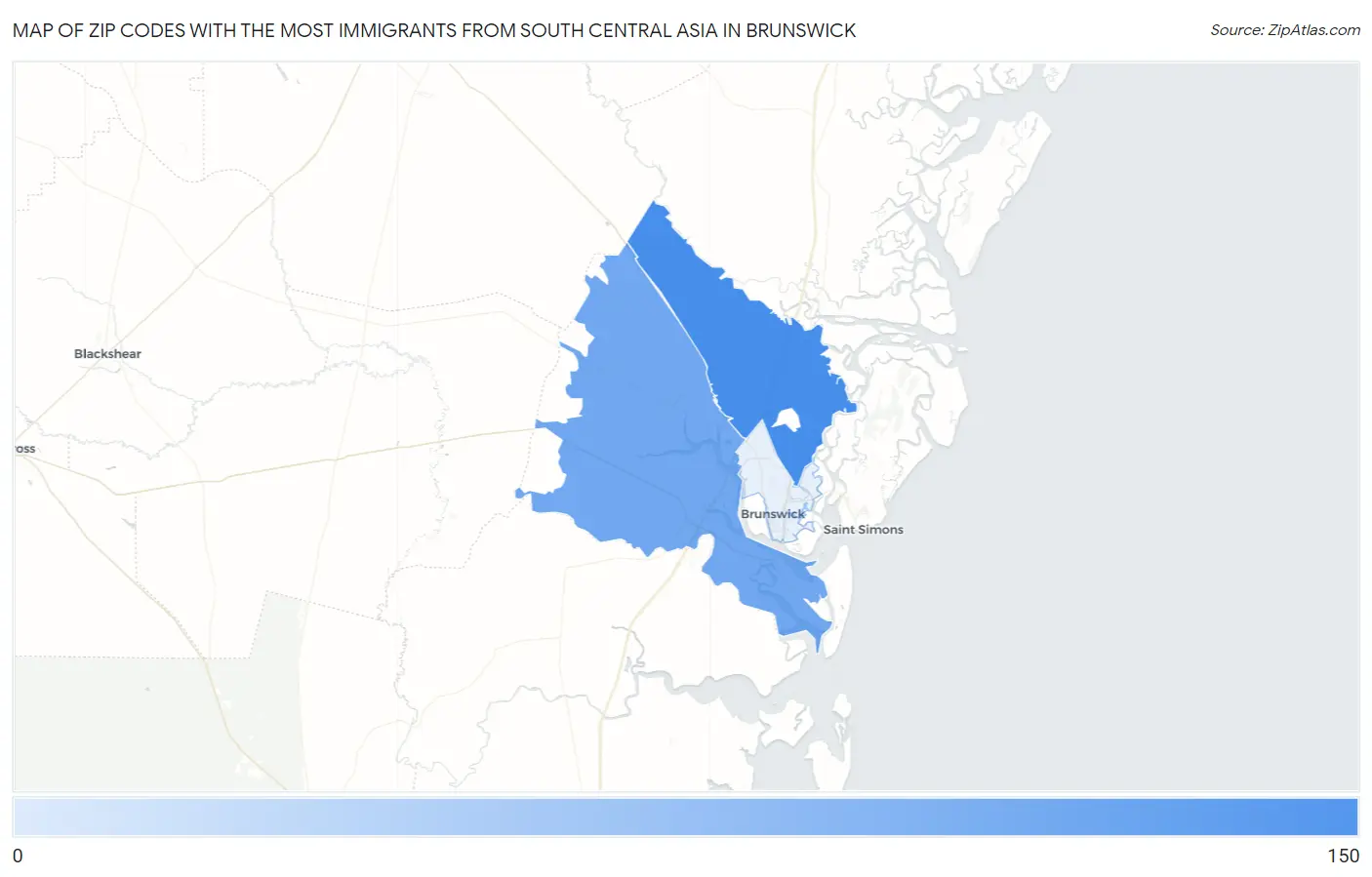 Zip Codes with the Most Immigrants from South Central Asia in Brunswick Map