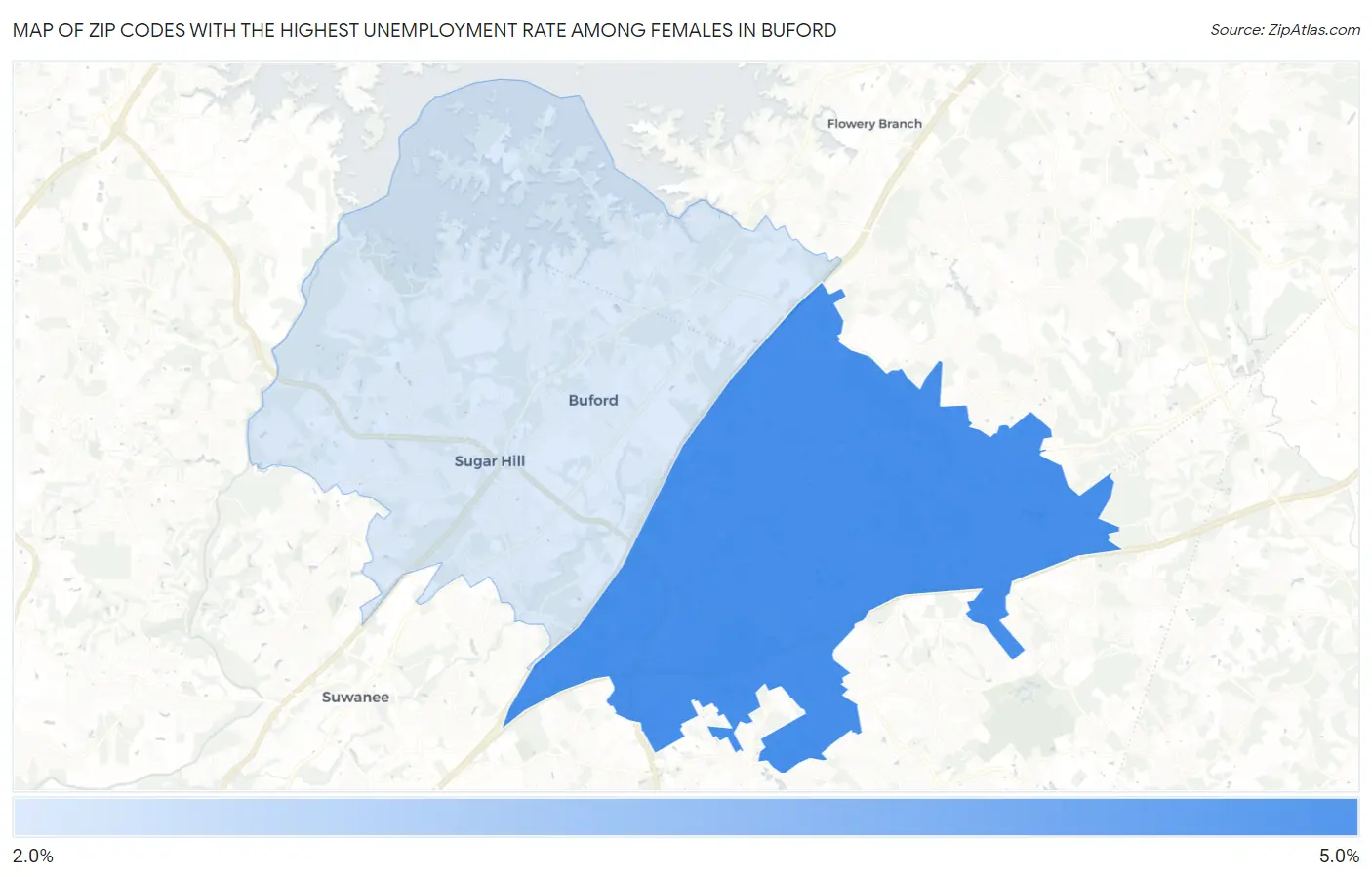 Zip Codes with the Highest Unemployment Rate Among Females in Buford Map