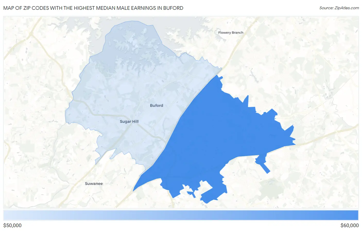 Zip Codes with the Highest Median Male Earnings in Buford Map